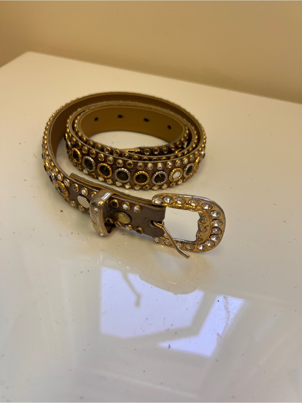 Studded Taupe Leather Belt with Crystal Buckle